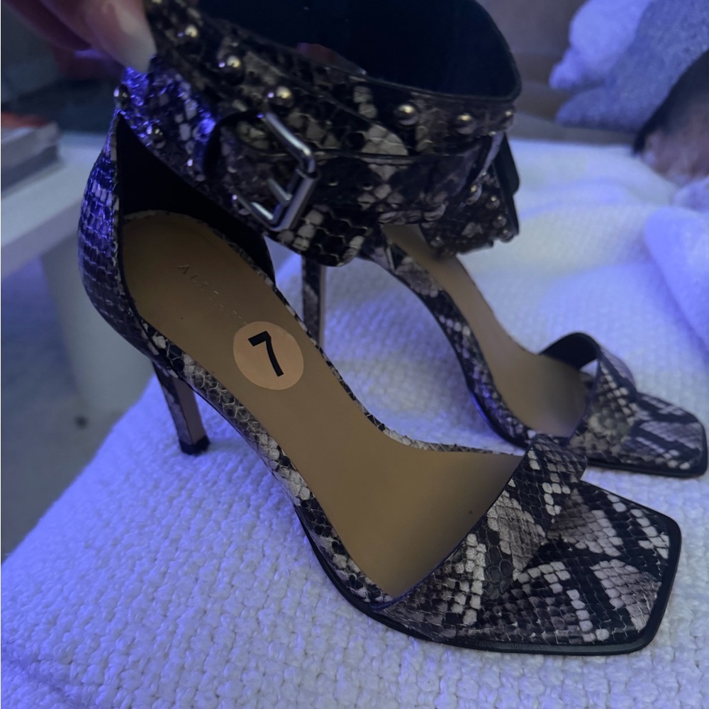 AllSaints Snake-Print D'Orsay Stiletto Heels in Black and Gray